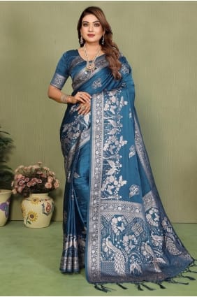 Satin and silk Saree in Teal with Zari SR29583