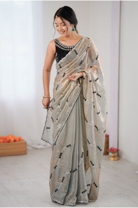 Embroidered Satin Saree in Golden with Blouse SR29940