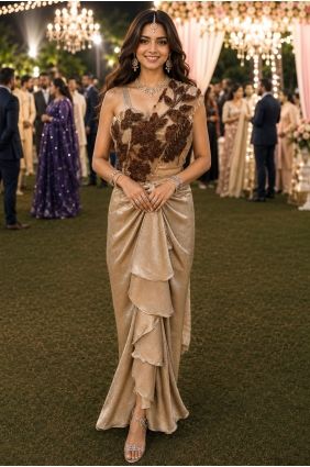 Beige Saree in Embroidered Satin SR30147
