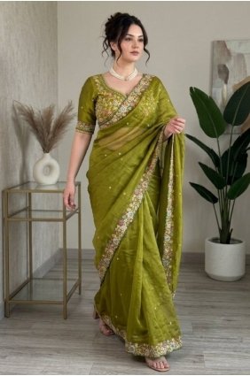 Saree in Mehendi green Satin with Embroidered SR30296