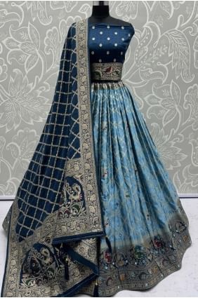 Satin Georgette Mirror Work Lehenga Choli in Blue LC8653