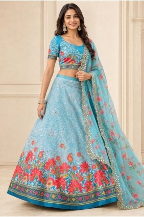 Printed Lehenga Choli in Sky blue Satin LC9276