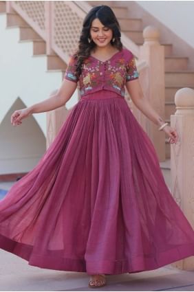 Onion Pink Satin Gown Dress with Embroidered GW1162