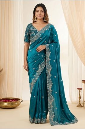 Teal Party Wear Saree in Embroidered Satin SR30109
