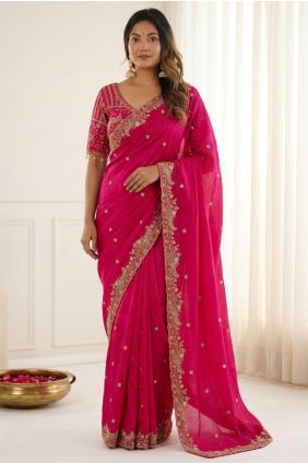 Pink Embroidered Satin Party Wear Saree SR30107