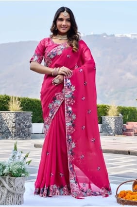 Pink Satin Saree with Sequins,thread SR29624