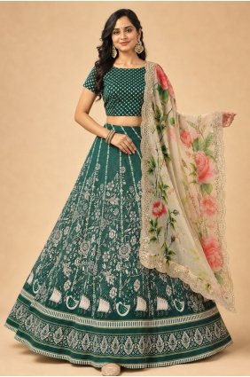 Satin Lehenga Choli with Printed in Green LC9273