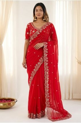 Embroidered Satin Saree in Red SR30200