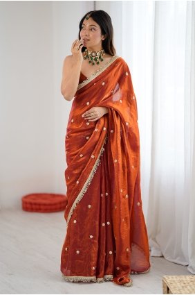 Sequins,embroidered Saree in Rust Satin SR30343