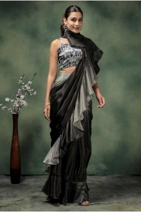 Grey Saree in Printed Satin SR28729