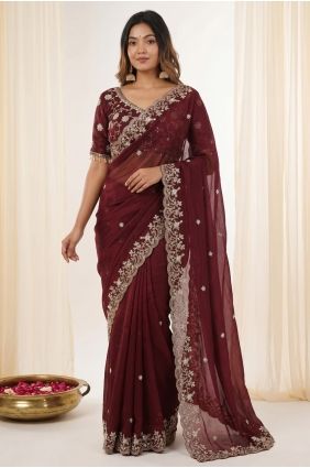 Satin Brown Saree in Embroidered SR30198