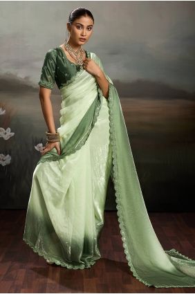 Green Embroidered Saree in Satin SR30031