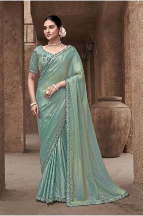 Satin Saree with Embroidered in Sea green  SR28050