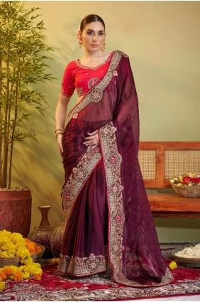 Satin Saree with Embroidered in Wine  SR28241