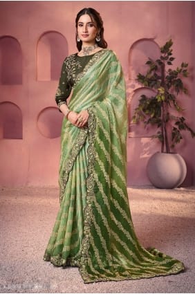 Satin Embroidered,printed Green Saree with Blouse SR29059