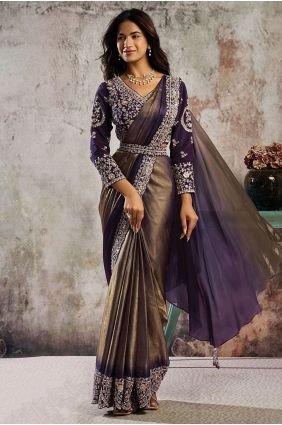 Satin Saree in Golden, purple with Hand SR29802