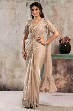 Satin Saree in Peach with Hand SR29796