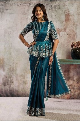 Teal blue Hand Saree in Satin SR29791