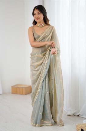 Satin Saree with Zari,sequins,embroidered in Chiku SR30339