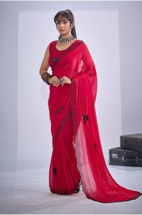 Red Saree with Stone,sequins Satin SR30015