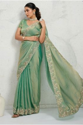 Zari,sequins Chiffon Sea green Saree with Blouse SR29718
