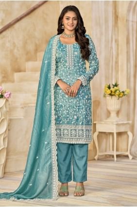 Salwar Kameez in Sea green Organza with Embroidered SK155729