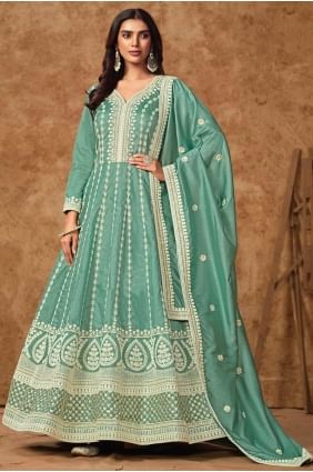 Sea green  Embroidered Silk Eid Anarkali Suit AS4040