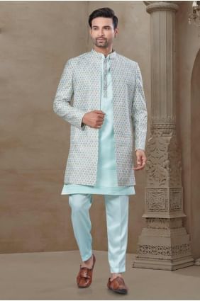 Sea green  Men Kurta Pajama With Waistcoat with Printed Silk KURR514