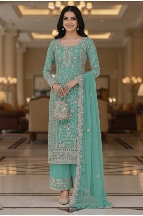 Embroidered Net Sea green Palazzo Suit with Dupatta PZ4469
