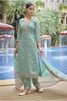 Sea green  Straight Suit in Embroidered Chanderi SK155421
