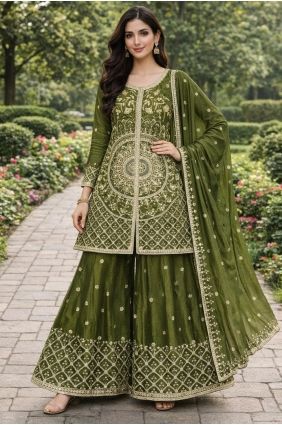 Palazzo Suit in Mehendi green Chiffon with Sequins PZ4431