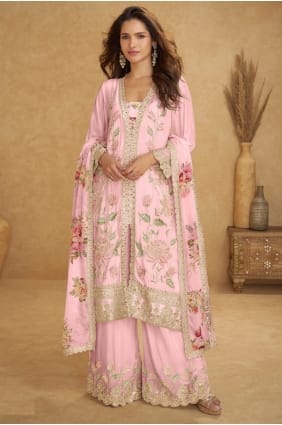 Sequins Chiffon Palazzo Suit in Pink with Dupatta PZ4326