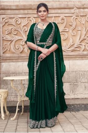 Sequins Chiffon Saree in Green SR28308