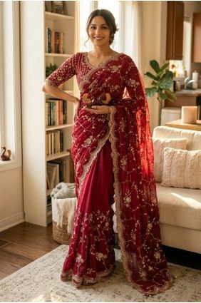 Chiffon Party Wear Saree with Embroidered in Pink SR30057
