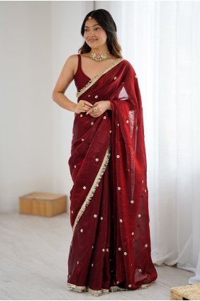 Satin Saree with Sequins,embroidered in Maroon SR30342