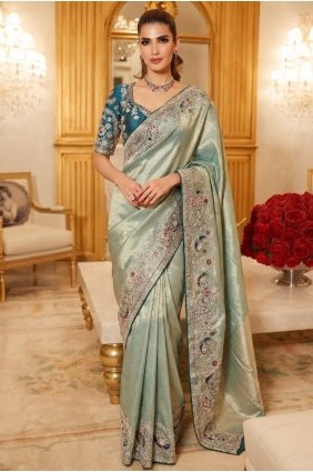 Sequins,embroidered Silk Saree in Sky blue SR30304