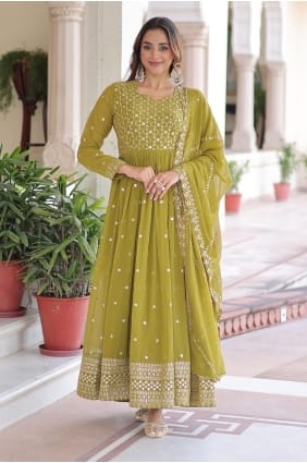 Gown Dress in Parrot green Faux georgette with Sequins GW1203