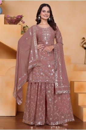 Faux georgette Sequins Dusty rose Palazzo Suit with Dupatta PZ4363