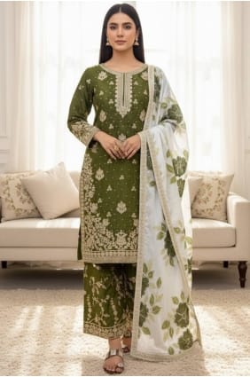 Sequins Silk Eid Palazzo Suit in Mehendi green with Dupatta PZ4307
