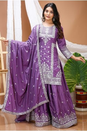 Crepe Palazzo Suit in Purple with Sequins PZ4367