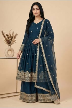 Silk Palazzo Suit in Teal with Sequins PZ4347