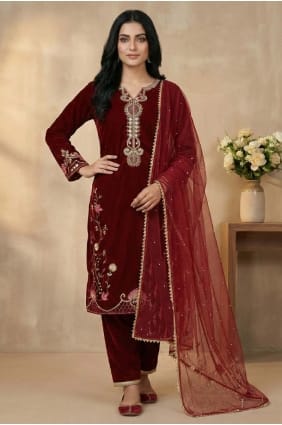 Velvet Salwar Kameez in Maroon with Sequins SK156069