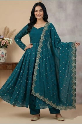 Sequins Silk Teal Anarkali Kurti with Dupatta AS4203