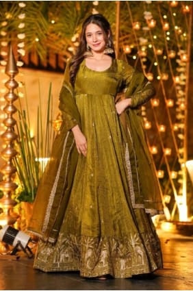 Silk Anarkali Suit with Sequins in Mehendi green AS4213