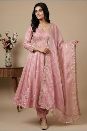 Silk Pink Anarkali Suit in Sequins AS4277