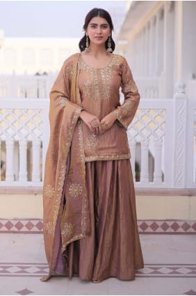 Silk Eid Palazzo Suit with Sequins in Golden PZ4294