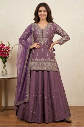 Silk Lehenga Suit with Sequins in Lavender LS099