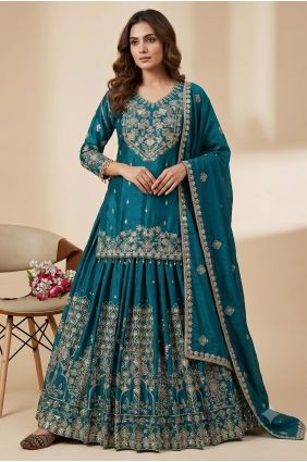 Teal Silk Lehenga Suit with Sequins LS101