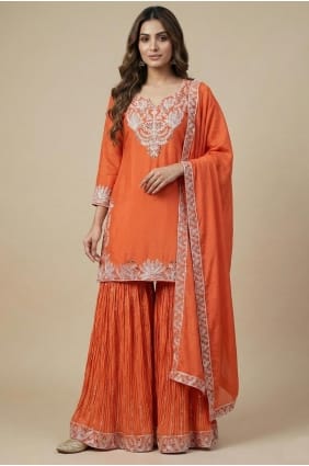 Orange Silk Sequins Patiala Suit with Dupatta PZ4259