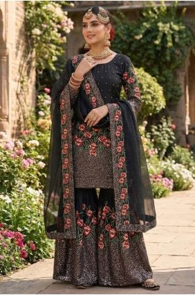 Silk Sequins Black Palazzo Suit with Dupatta PZ4432
